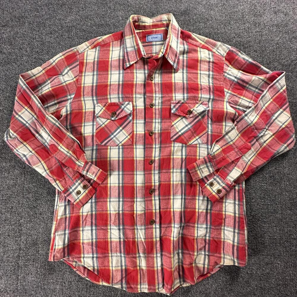 J. Todd Mens Vintage Plaid Flannel Shirt Red White Blue Long Sleeve L‎ #506